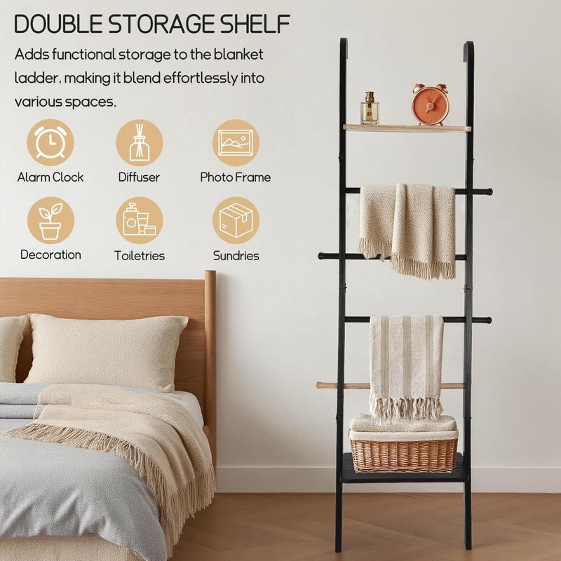 Fuairmee Wooden Ladder with Shelf for Decor, 6-Tier Decor Ladder with Non-Slip Mat & Hooks, Farmhouse Style Leaning Wall Display Holder, Black - Image 5
